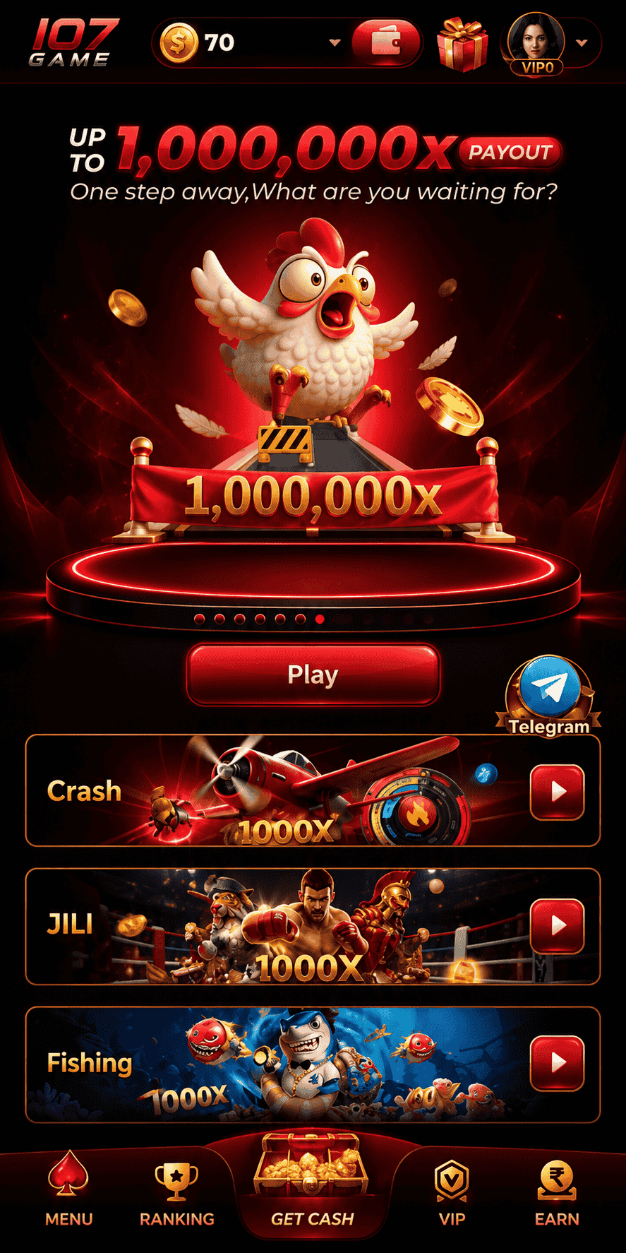 IO7 Game home screen featuring casino games, Crash, JILI, Fishing, 1,000,000x payout banner, Play button, wallet balance, VIP profile, and Telegram shortcut.