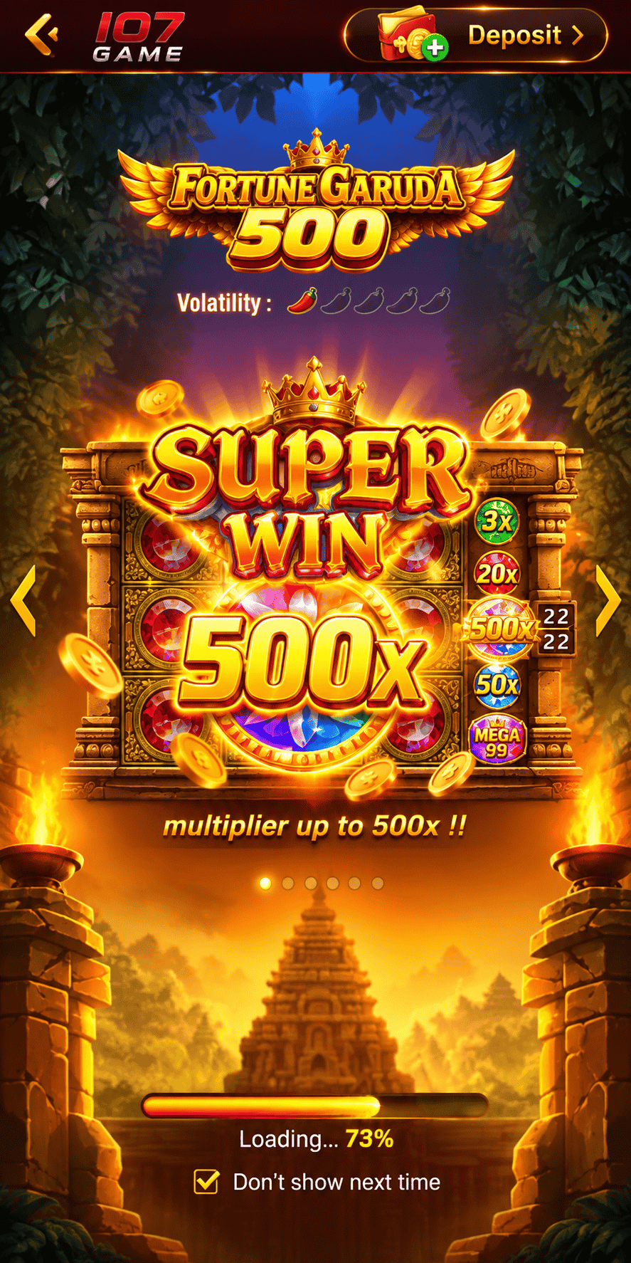 IO7 Game Fortune Garuda 500 slot screen showing Super Win 500x, multiplier rewards, loading progress, and temple-themed background.
