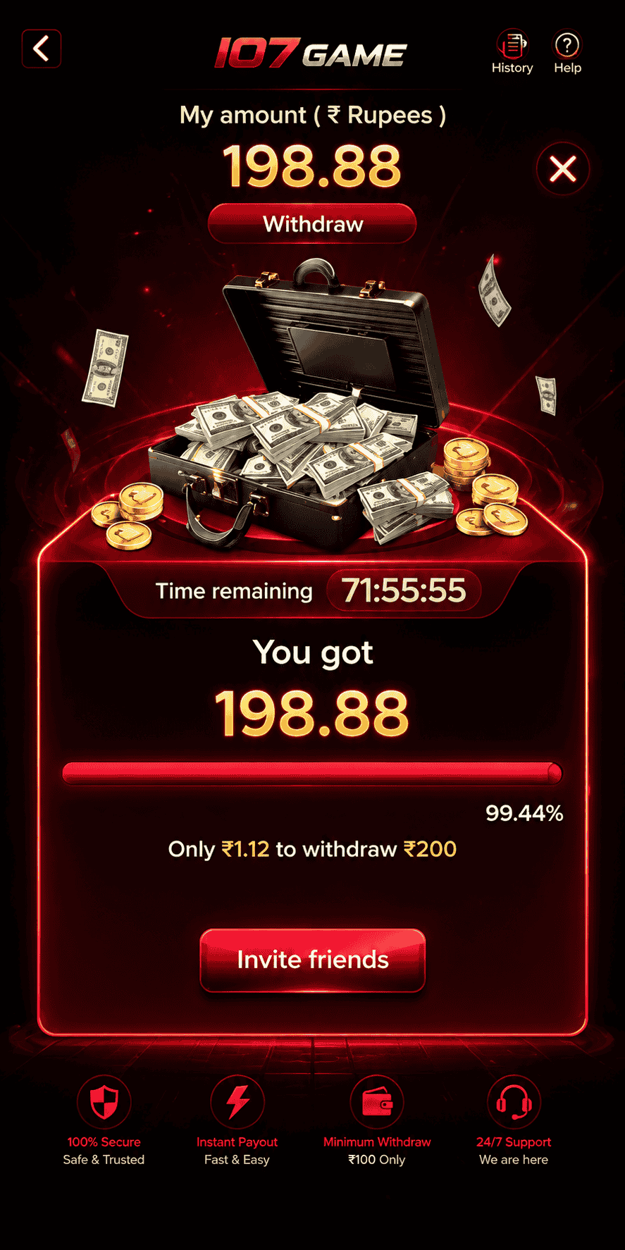 IO7 Game withdrawal page displaying account balance, cash briefcase, progress bar, invite friends button, secure payout, and withdrawal status.