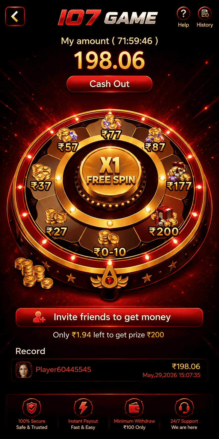 IO7 Game lucky spin wheel with free spin rewards, cash prizes, bonus coins, invite friends feature, secure payout, and reward history.